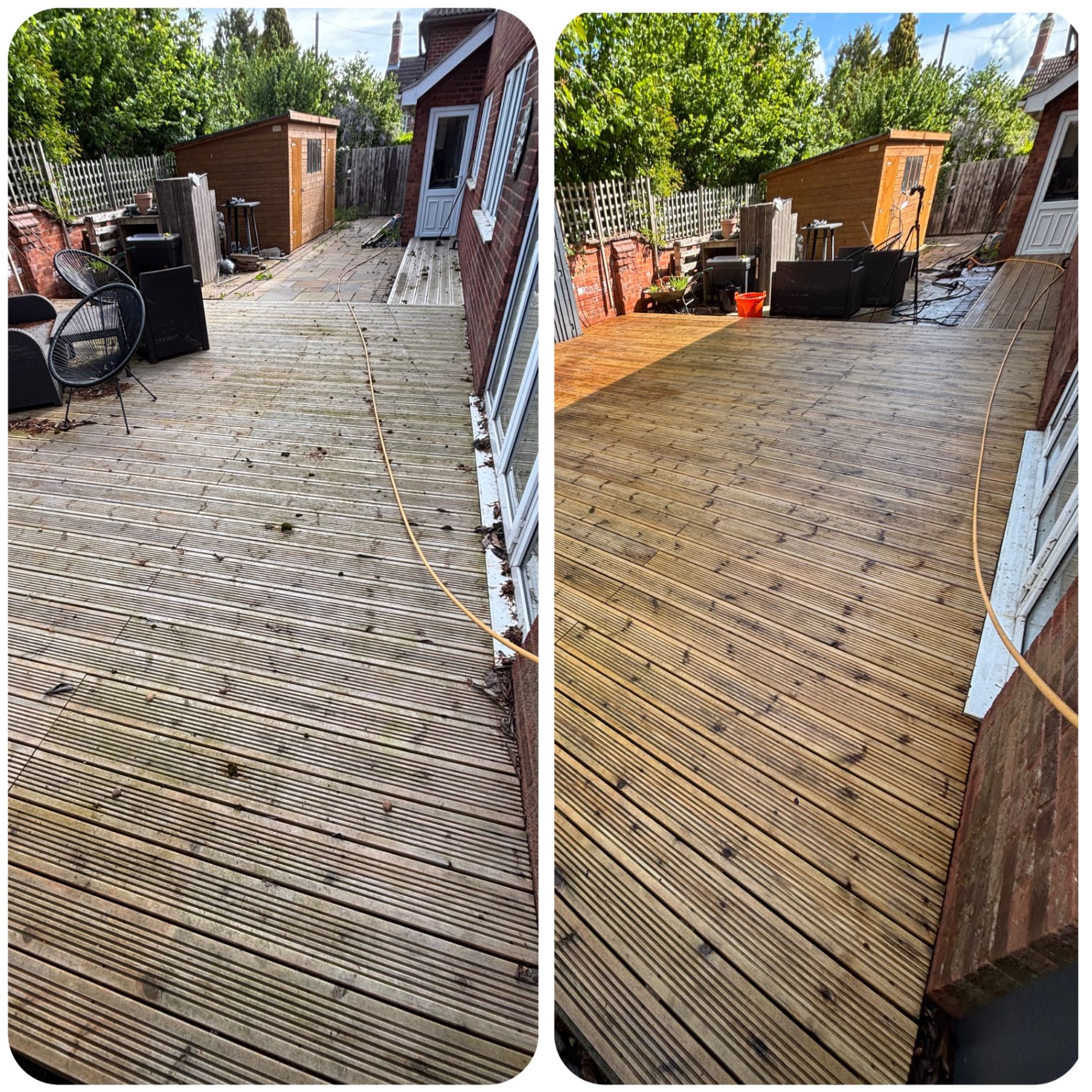 Before and after decking pressure wash at a residential property in Newton on Trent